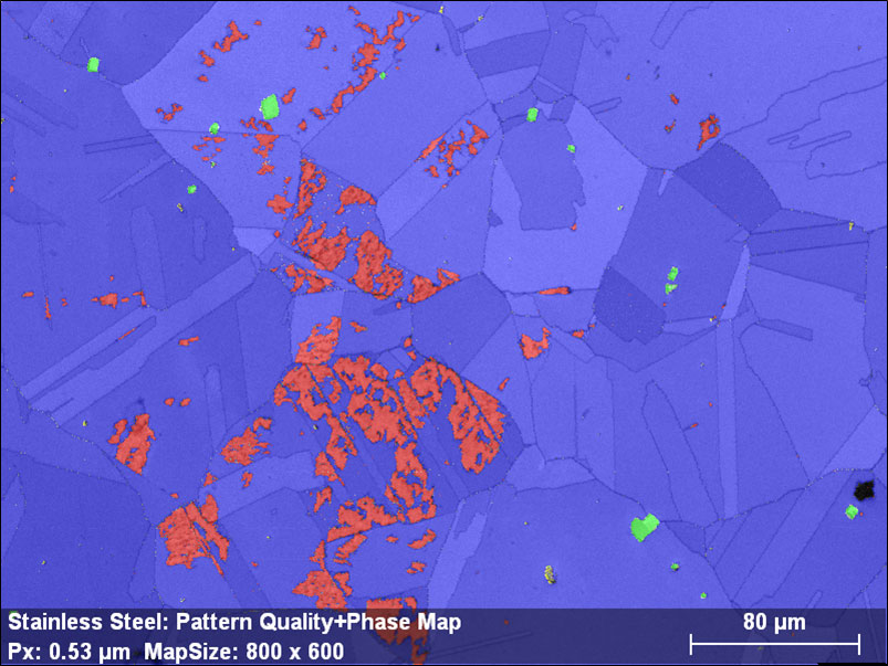 Patternqualitäts-Map eines Edelstahls <s:2> berlagert mit相位图:铁(rot)，奥氏体(blau)，钛腈(gr<s:1> n)，钛硫(gelb)