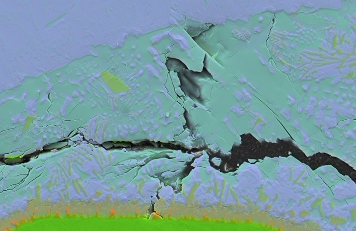 Elemental mapping ( chromium, iron and zirconium) of failed welding seam