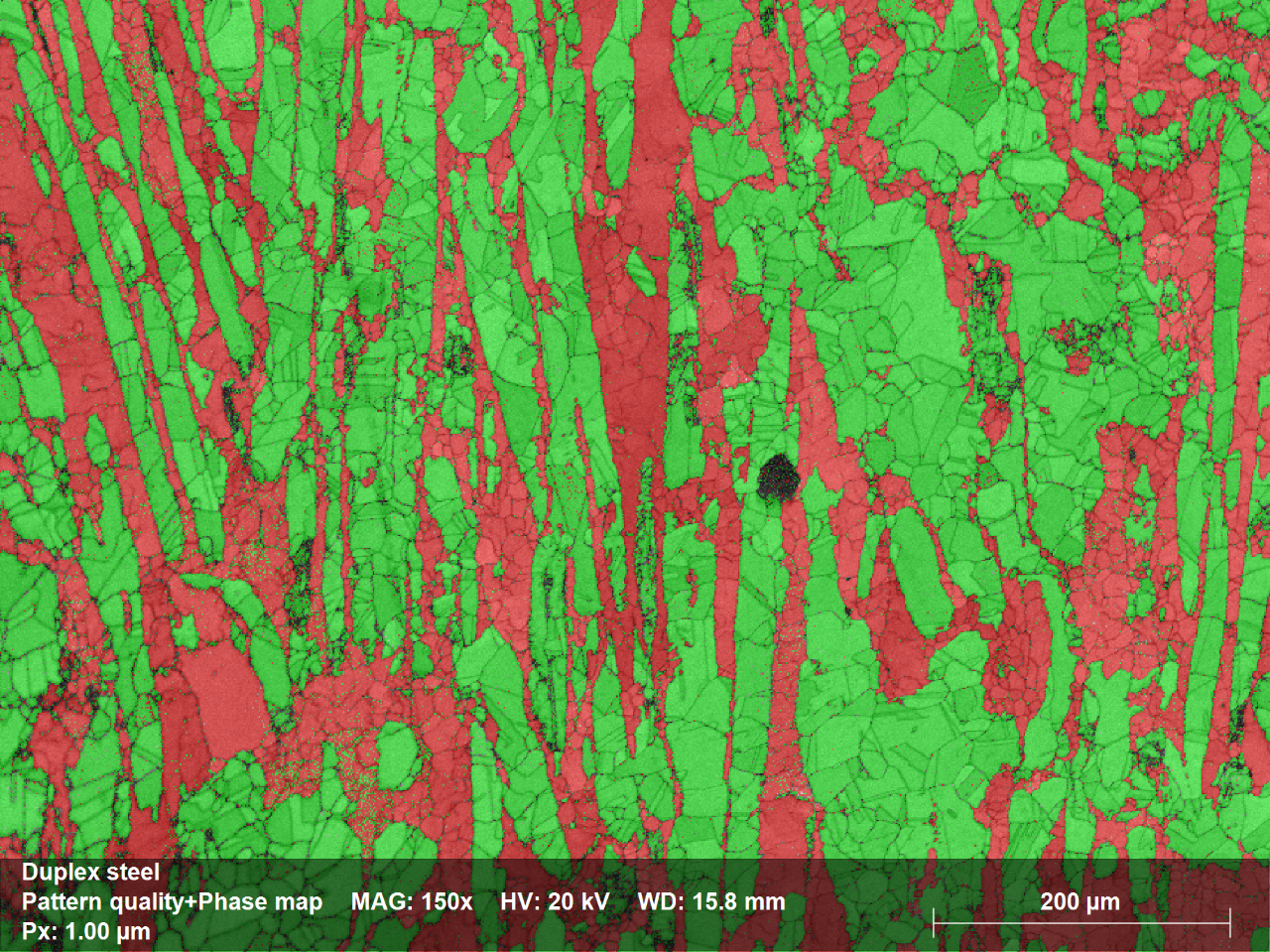 相位分布地图铁氧体相红色和奥氏体相用绿色;相比例分别是39%和61%;映射:18:01min,地图大小:548000像素,0解决方案:5.7%。没有数据清洗应用!