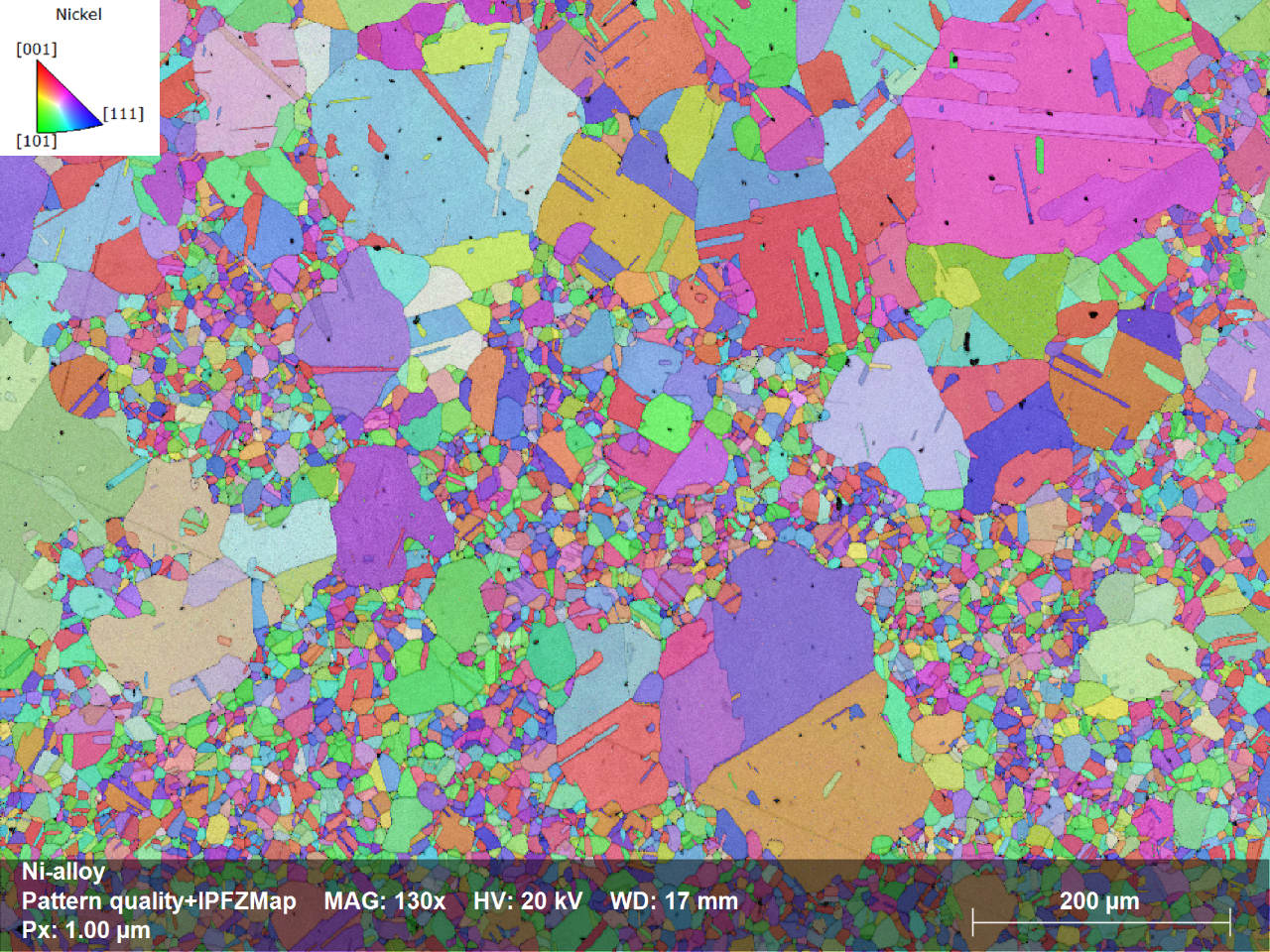 晶体取向的Ni-alloy地图样本,显示每个晶粒的取向有关描述的颜色代码在左上角与样品表面正常;收购速度:510帧/秒,零解决方案:1.3%。没有数据清洗应用!