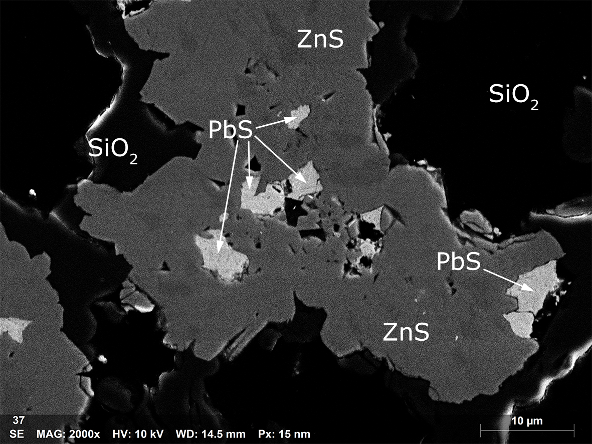 潜艇的BSE图像，水热改变，含硫化物火山岩(样本由Daniel J. Smith博士提供，莱斯特大学，英国)