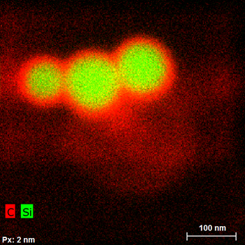 硅纳米颗粒，红色是碳，绿色是硅