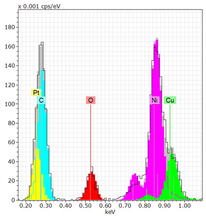 Ergebnis der Elementlinienentfaltung im德国geringer Quantenenergie毛皮静脉Spektrum静脉非绝对的Si (Pt) -NiSi2-Mischschicht再见。Das experimentelle Spektrum将als南部Linie和死穴einzelnen Elementen zugeordneten Rontgenquanten了als farbige Fullung der山峰dargestellt。