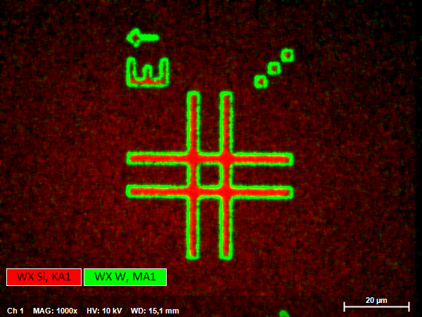 Röntgenspektroskopisches Elementverteilungsbild für Si und W eines细节auf einem halbleiter - microchip