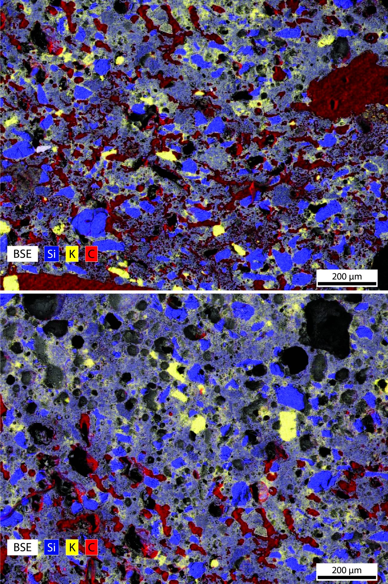 EDS成分图覆盖在BSE图像上，显示了从陶瓷容器的外部区域过渡到更接近容器内部的中间区域的过渡。虽然构成回火的矿物类型(例如石英、钾长石)没有改变，但有机物质的丰度(这里用红色C表示)迅速减少，气泡的丰度增加。