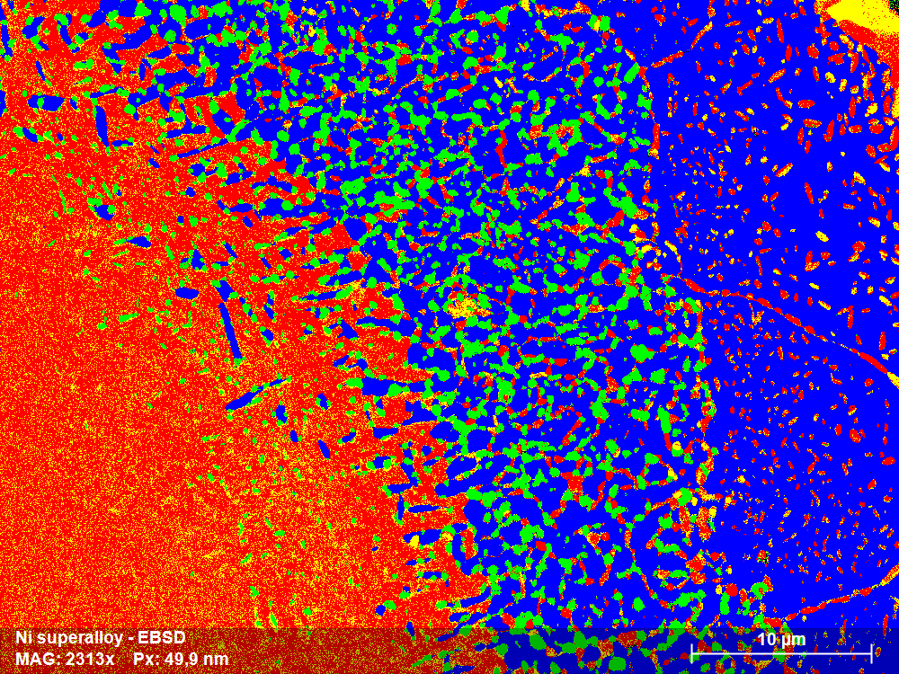 图2:未加工EBSD阶段地图。张充满灵性的所有阶段被确定使用EDS和EBSD。镍基体相显示在红色,此类TaNiC NiAl蓝色,黄色和绿色。的命中率是97%。硬质合金和镍阶段不能区分容易被EBSD只是因为他们分享相似的晶格参数,导致类似的衍射模式(见图3和图4)。因此EDS援助在EBSD索引是必需的。自从EDS与EBSD索引同时测量,可以纠正离线数据,而不需要扫描电镜。结果呈现在图5所示。