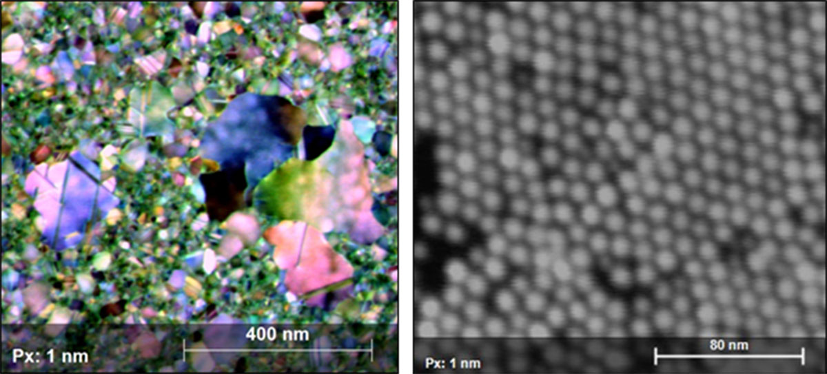 假彩色亮视场(左)和暗场像(右)图像分别从20 nm盟获得电影和PtNi纳米粒子由聚合物配体。