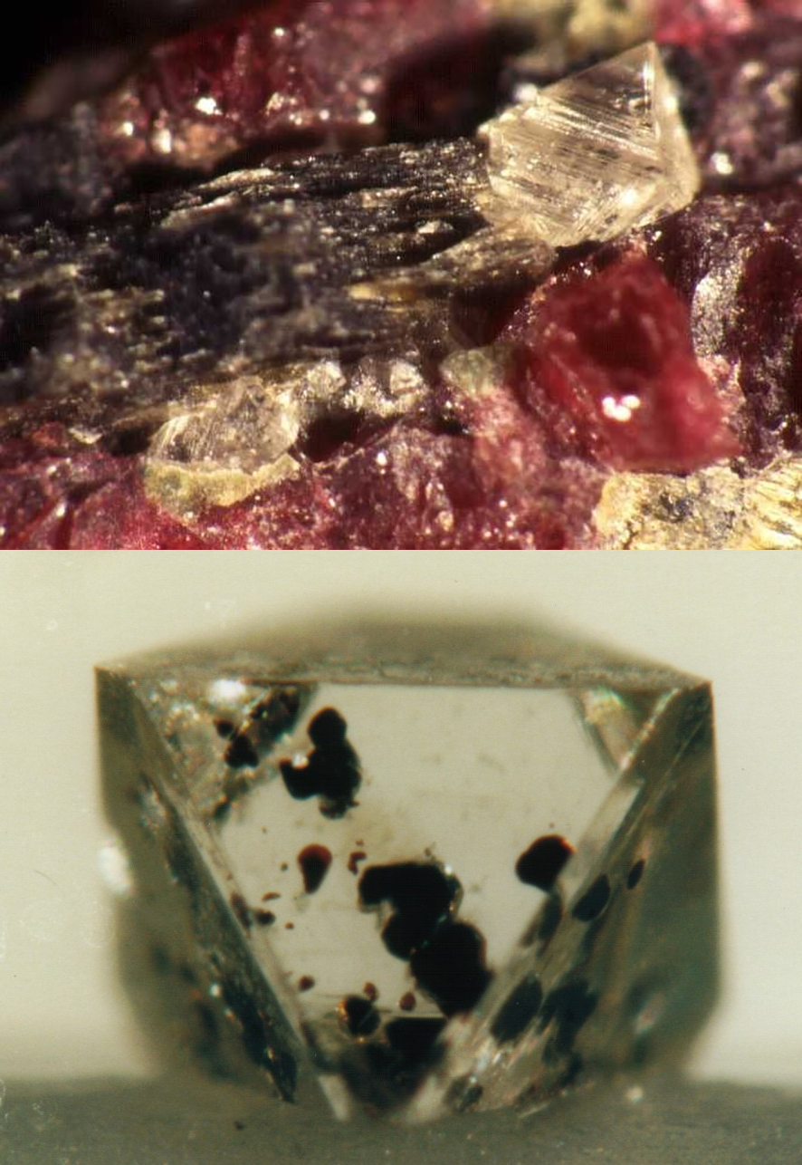 天然钻石及其伴生指示矿物，作为橄榄岩的一部分(上)和包裹体