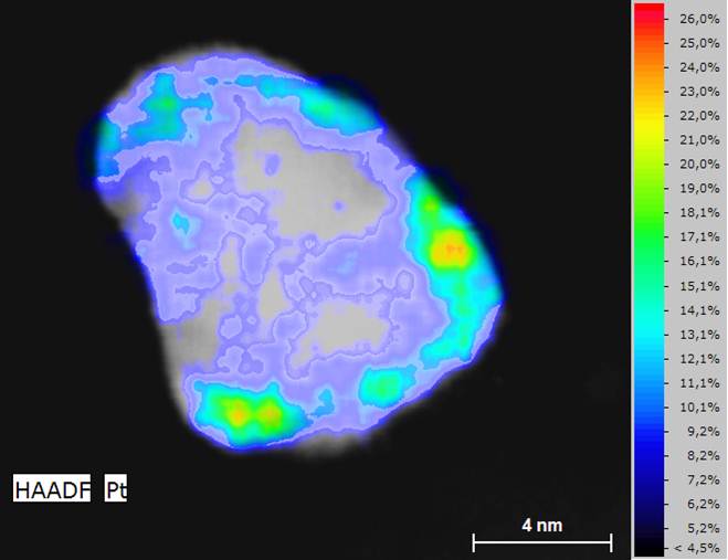 HAADF图像的Pd - Pt核壳粒子覆盖其定性Pt图