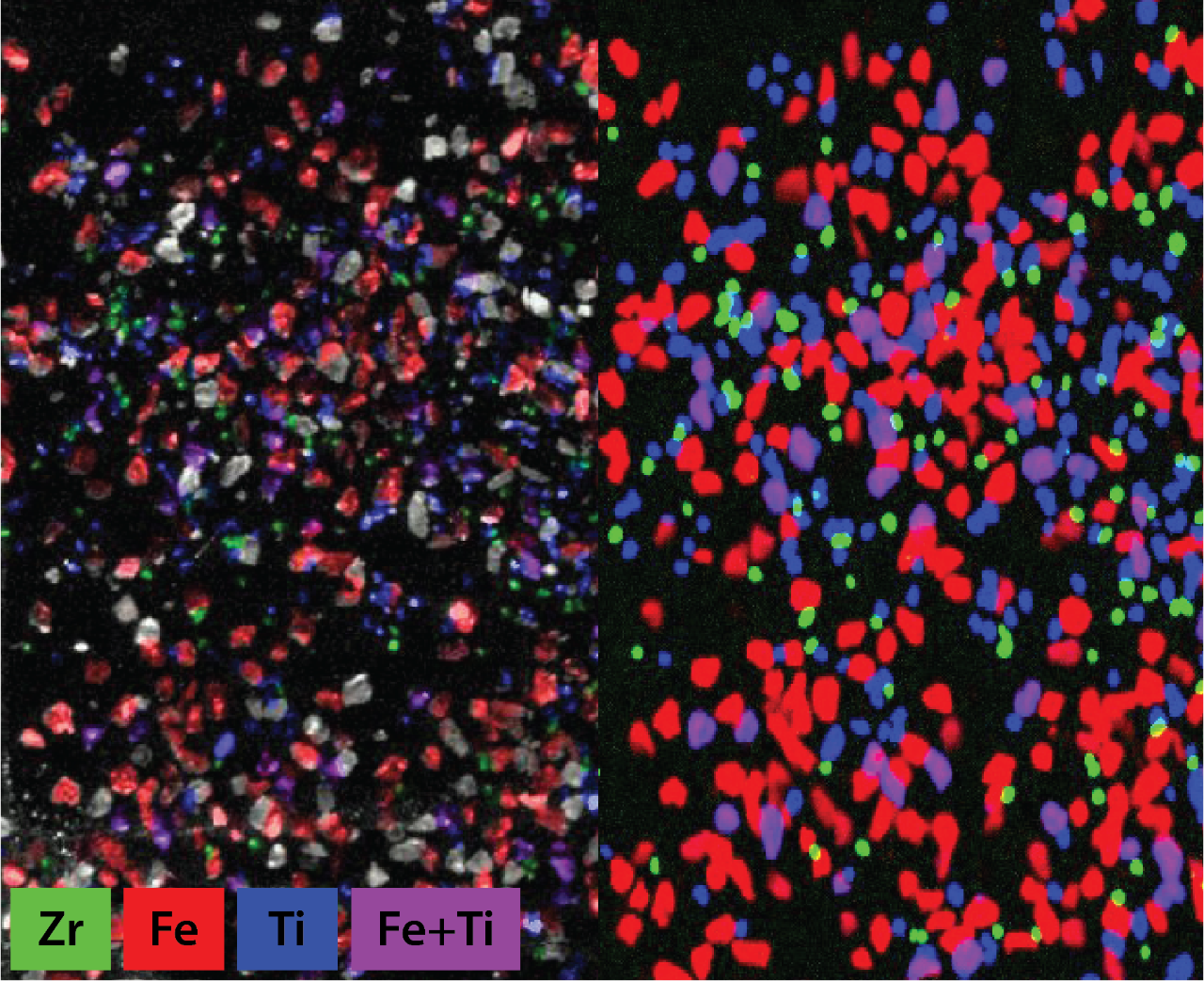快速扫描micro-XRF元素地图重矿物精矿。左:元素上覆的视频马赛克图像样本;右:元素