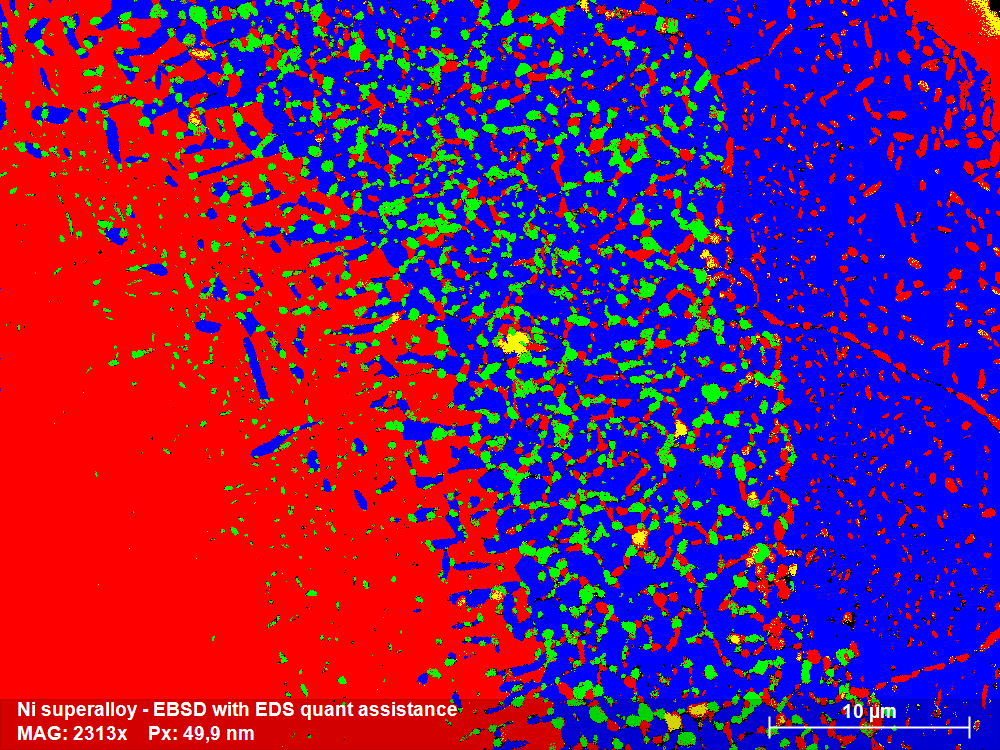 EBSD phase diagram and EDS assistance: all stages with the help of EDS.Index rate was 98.6%, no error index and fine carbide was well solved.EDS auxiliary EBSD index can real-time measurement on the SEM or offline, allowed to correct or complete the measurement at any time, without having to spend extra time in SEM.