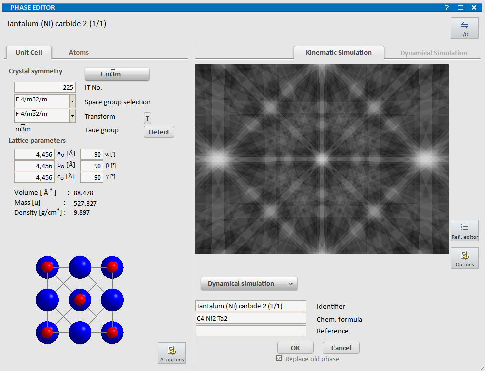 Crystallography of titanium carbide phase information, the cubic NaCl structure, a unit cell and the corresponding spherical Kikiuchi pattern (motion simulation).
