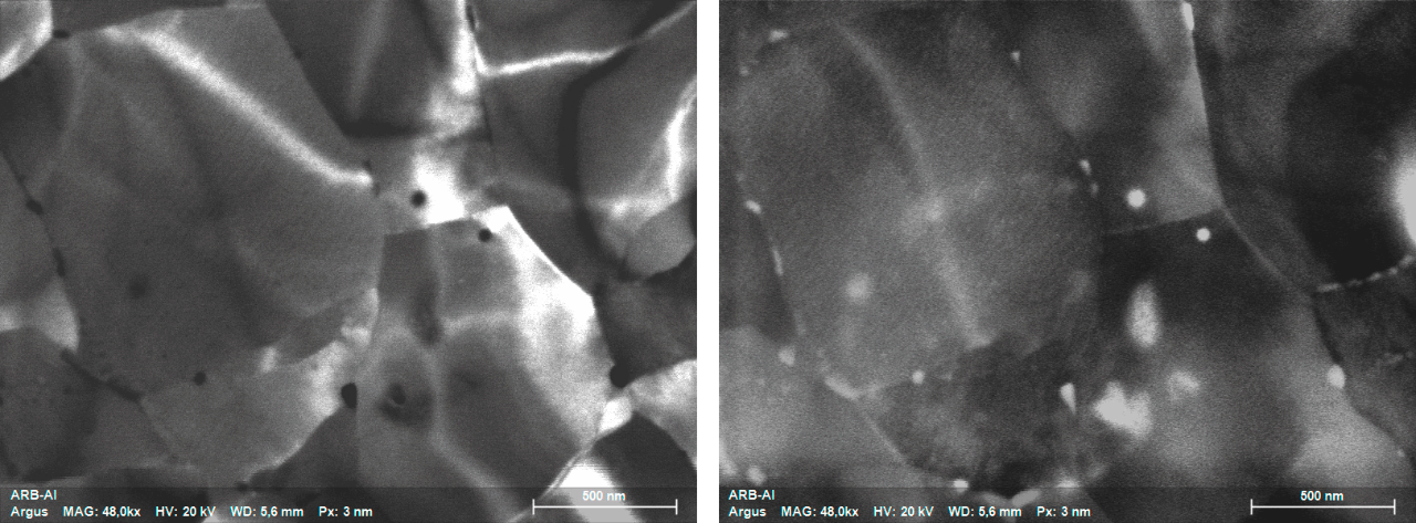 From serious deformation (ARB) Al alloy samples obtained in the field (left) and the corresponding dark field image (right), showed at grain boundary precipitates.
