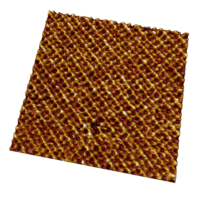 使用PeakForce QNM (PFQNM)模式在液体中获得的方解石晶格真原子像,晶格缺陷清晰可见。数据由贝德·皮滕格博士提高。