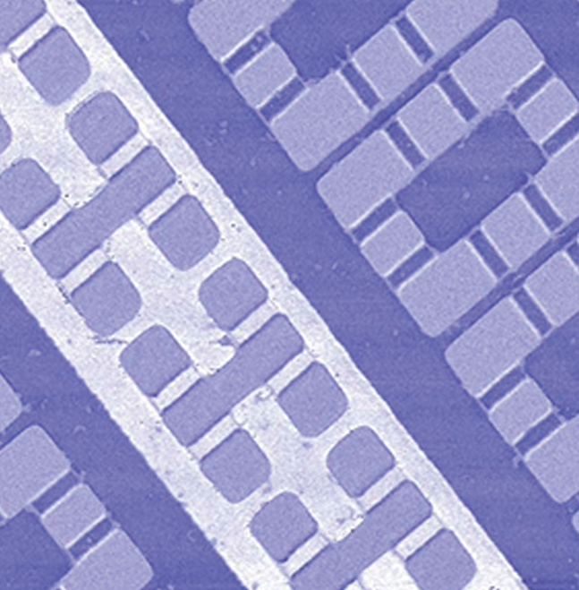 硅基动态随机存取存储器单元的扫描电容显微镜成像结果。直流/ dV分布图显示了存储器内部的掺杂子二维分布,揭示了存储器内部的失效位点和包括栅极长度在内关键参数。使用黑暗升降机技术能确保掺杂浓度分布的精确性。扫描范围为25 μm，采用闭环扫描。