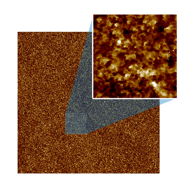 Using the peak force of tapping mode for aluminum silicate glass image, represents a industrial samples in the highest resolution imaging in the air.Keep the sharp tip is the key to obtain high resolution.Needlepoint refactoring structure shows 1 nm after imaging tip radius, instructions in this very challenging hard surface imaging did not wear needlepoint.Imaging range is 5 um, 5000 x5000 pixels.Peak force value of pn 600, using the FastScan B probe.The data provided by Dr Shui-qing hu.